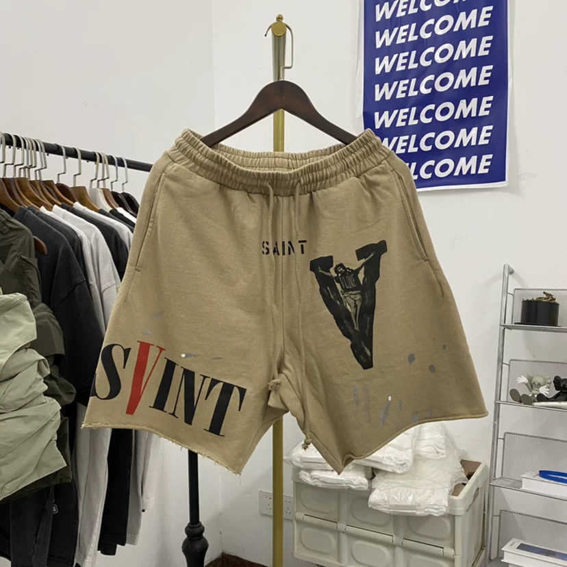 Saint Michael Co-Branded Large V Letter Print Washed Men's Loose American High Street Retro Sports Shorts