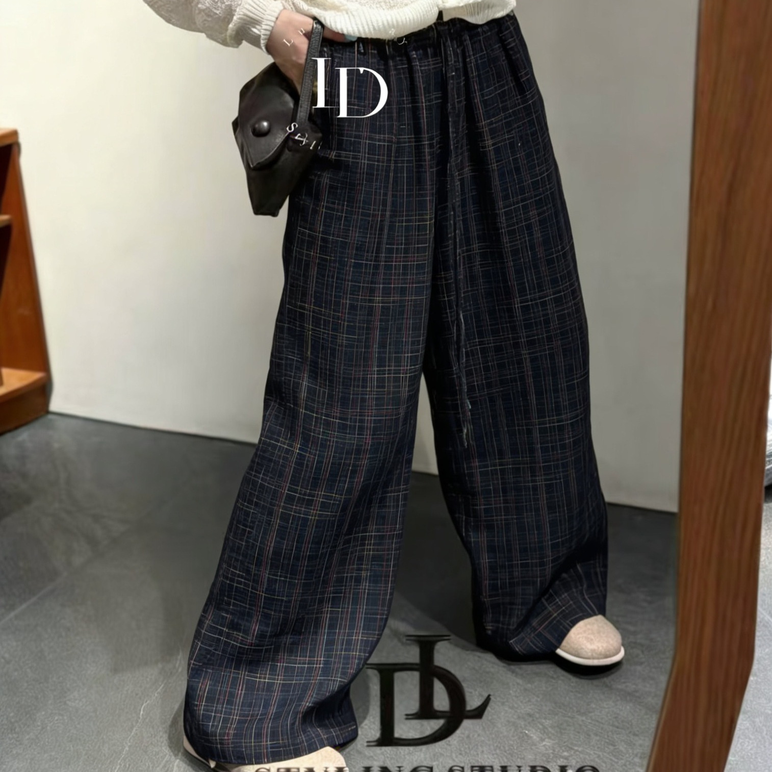 Nanyou 2026 Hot-Selling Holiday Style Yarn-Dyed Pure Linen Plaid Straight-Leg Casual Pants, High-End Versatile Lazy Floor-Length Pants