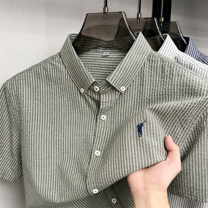 Exquisitely Embroidered Pure Cotton Shirt for Men, Summer Striped Short-Sleeved Cardigan with Lapel, Thin, Sweat-Absorbent and Breathable Men's Shirt