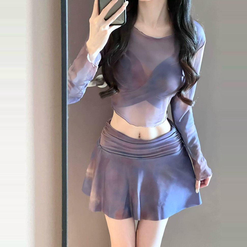 2025 Purple New Split Sexy Bikini Swimsuit Three-Piece Skirt Style Belly-Covering Slimming Look Hot Spring Resort Swimsuit