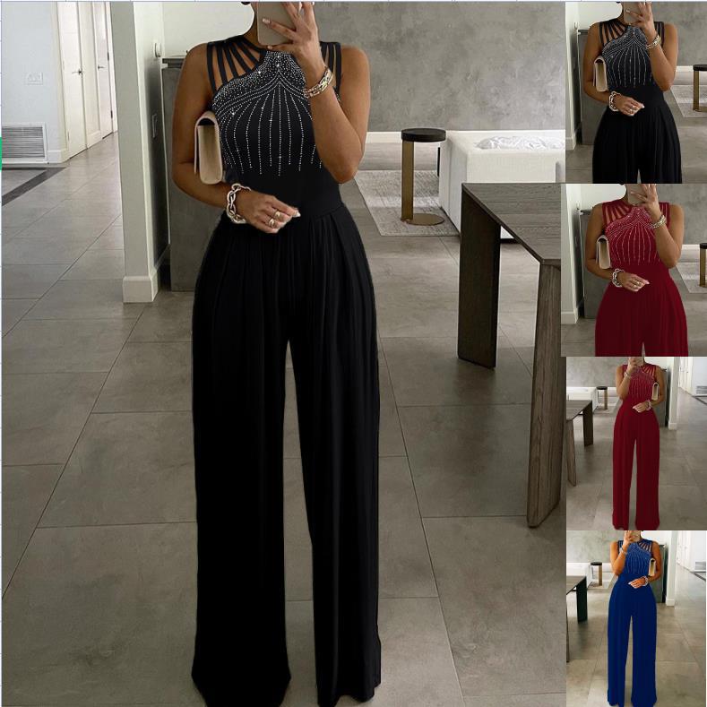 2023 Cross-border European and American Explosions Brick Wide-leg Jumpsuit Waist-studded One-piece Dress Solid Color Summer Dress