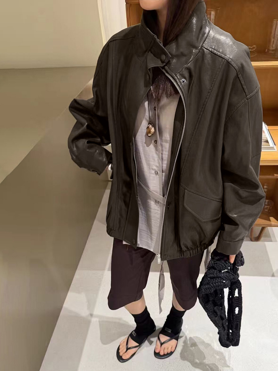 Love and Nancy Thirteen Lines 2026 Spring Korean Style Stand Collar Loose High-End Commuter Pu Leather Jacket for Women 04084