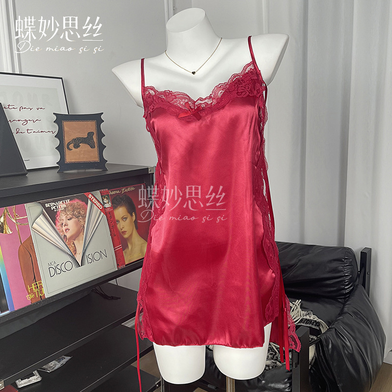 Diyi Miao Si Silk Lingerie Sexy Off-Shoulder Strapless Slit Nightdress Backless Temptation Imitation Silk Homewear A046