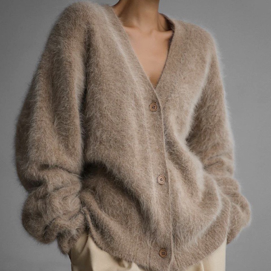 European and American Cross-Border Mink Velvet V Neck Knitted Sweater for Women 2025 Autumn and Winter New Loose Pure Color Export Cardigan Women's Jacket