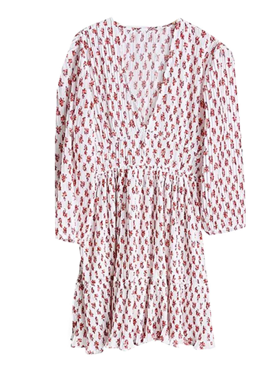 M Brand 2026 Spring/Summer New Romantic Floral V-Neck High-Waisted Pleated Sleeveless Dress with Lantern Sleeves Long Dress