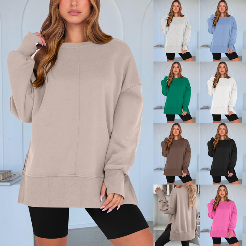 2026 Cross-Border European Size Amazon Fashion Casual Round Neck Pullover Solid Color Loose Sports Long-Sleeve Sweatshirt Top