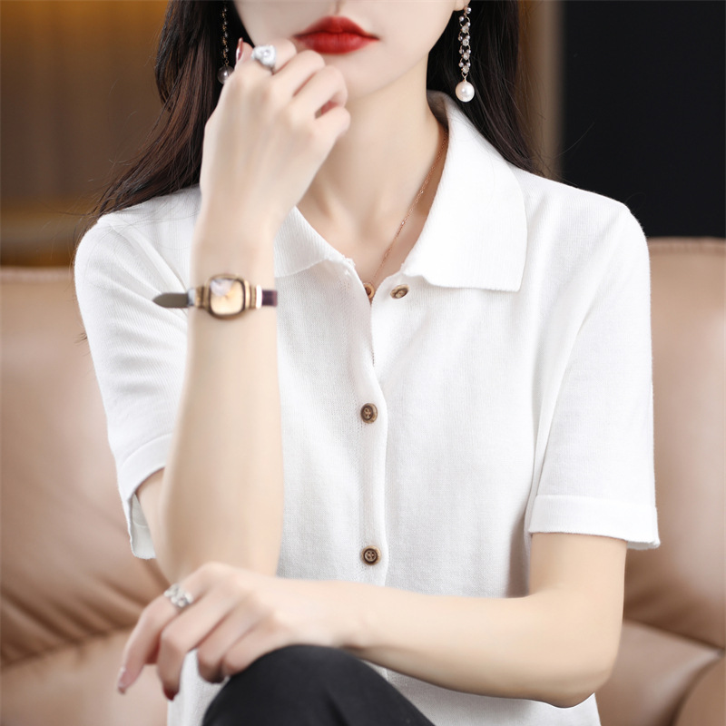 White shirt women's short sleeve 2023 spring and summer thin elegant loose slimming Polo collar 100 cotton knitted shirt