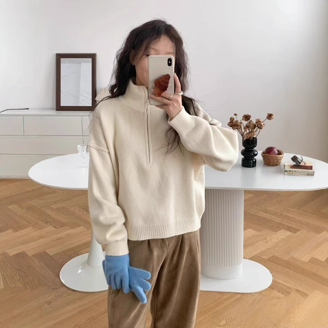 Korean Style Autumn and Winter New Half-Zip Stand-Up Collar Thick Design Knitwear Lazy Style Knitwear Women's Jacket Top