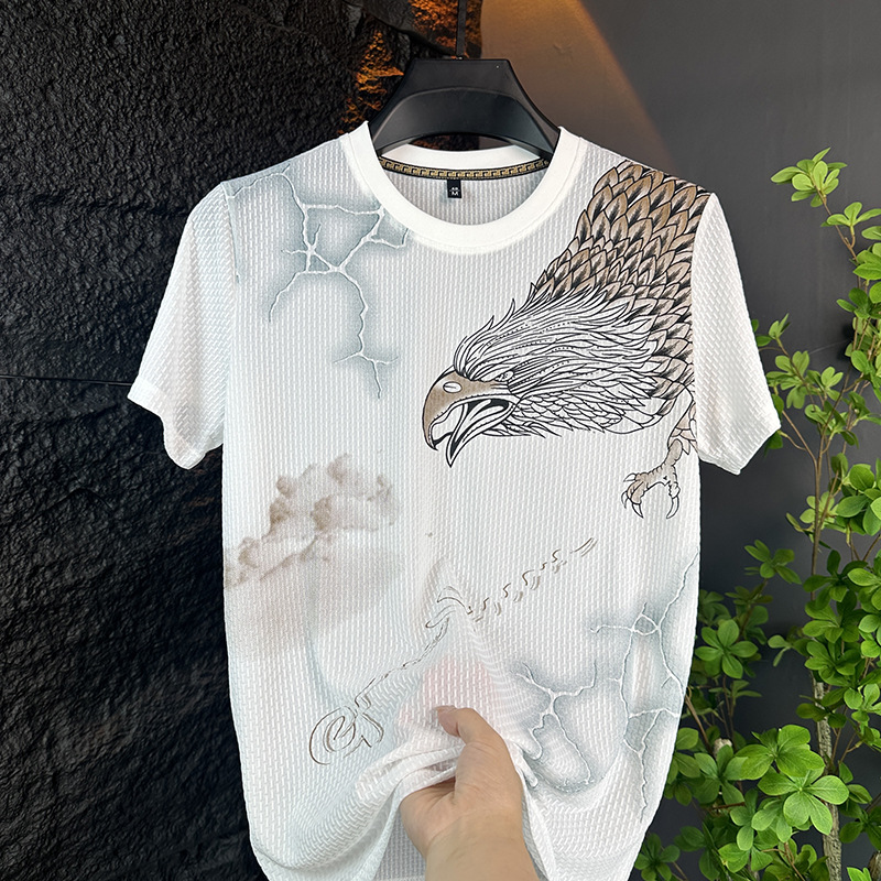Summer New Ice Silk Short-Sleeved T-Shirt for Young and Middle-Aged Men, Thin Fashionable Casual Round Neck Hot Diamond Half-Sleeved Tops for Men