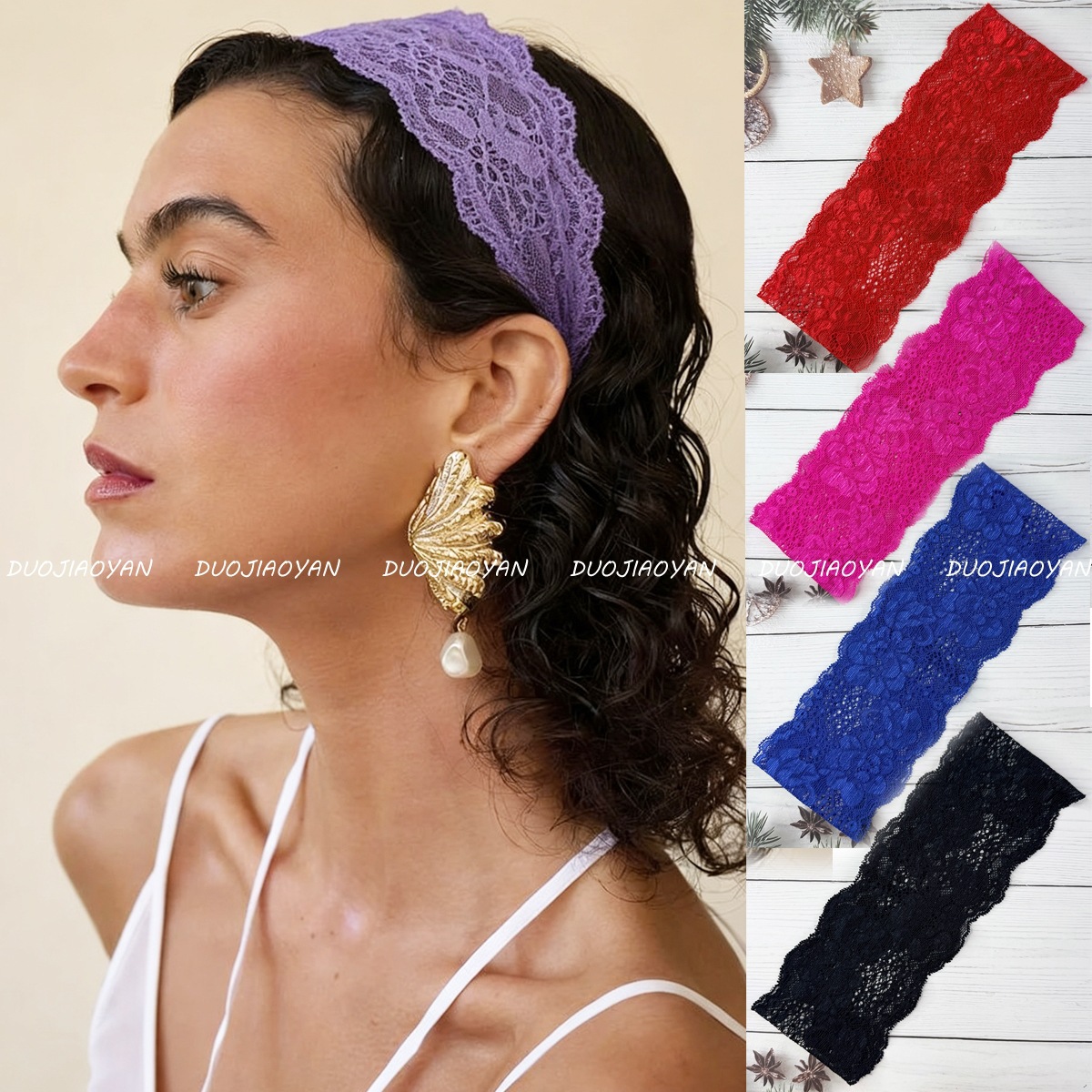 Cross-Border Spring and Summer Solid Color Hollow Lace Headband, High-End French Retro Lace Headscarf, Fashionable Beach Photo Hair Accessory