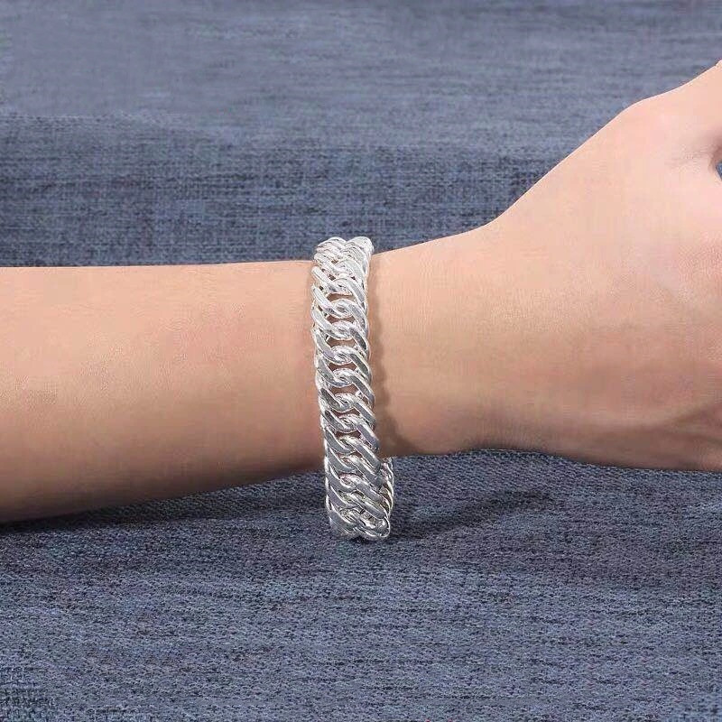 Hip-hop punk domineering sterling silver plated men's riding whip bracelet simple jewelry flat thick wide 10mm Hi flat chain wholesale
