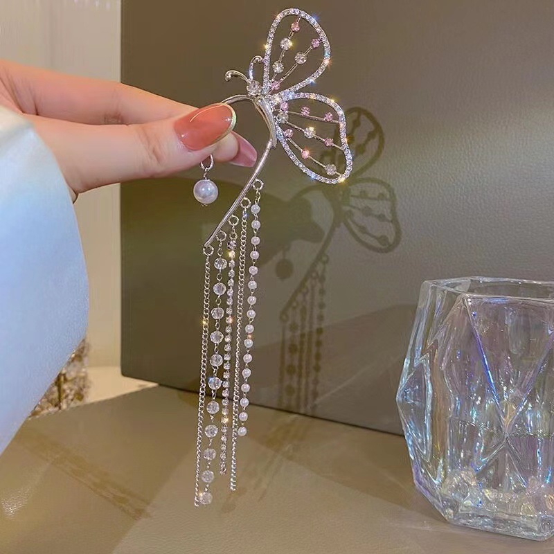 Longrui Environmentally Friendly Material Earrings Without Pierced Ears Korean Diamond Butterfly Ear Bone Clip Tassel New Ins Style