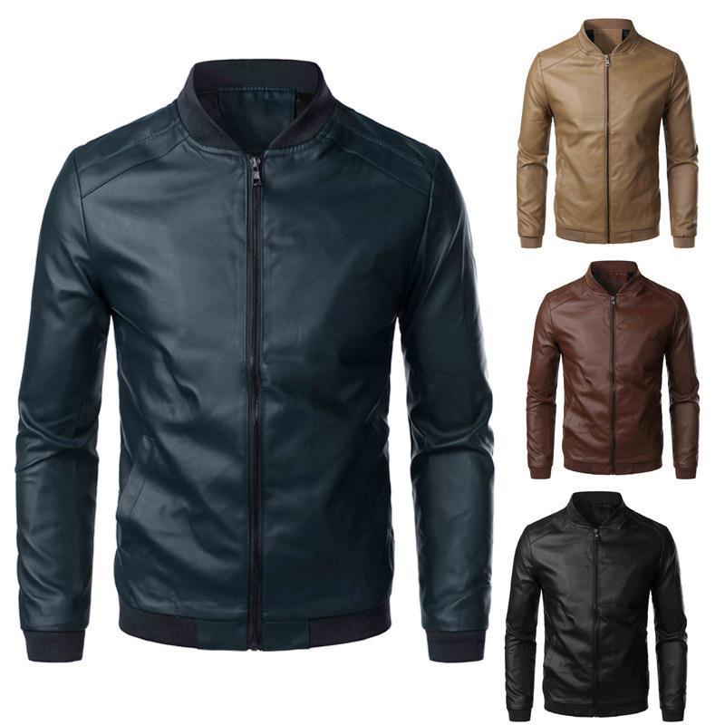 Leather Men's Spring and Autumn Hot Leather Jacket Fashion Trend Motorcycle Korean Slim Fit PU Leather Stand Collar Jacket Men's Wear