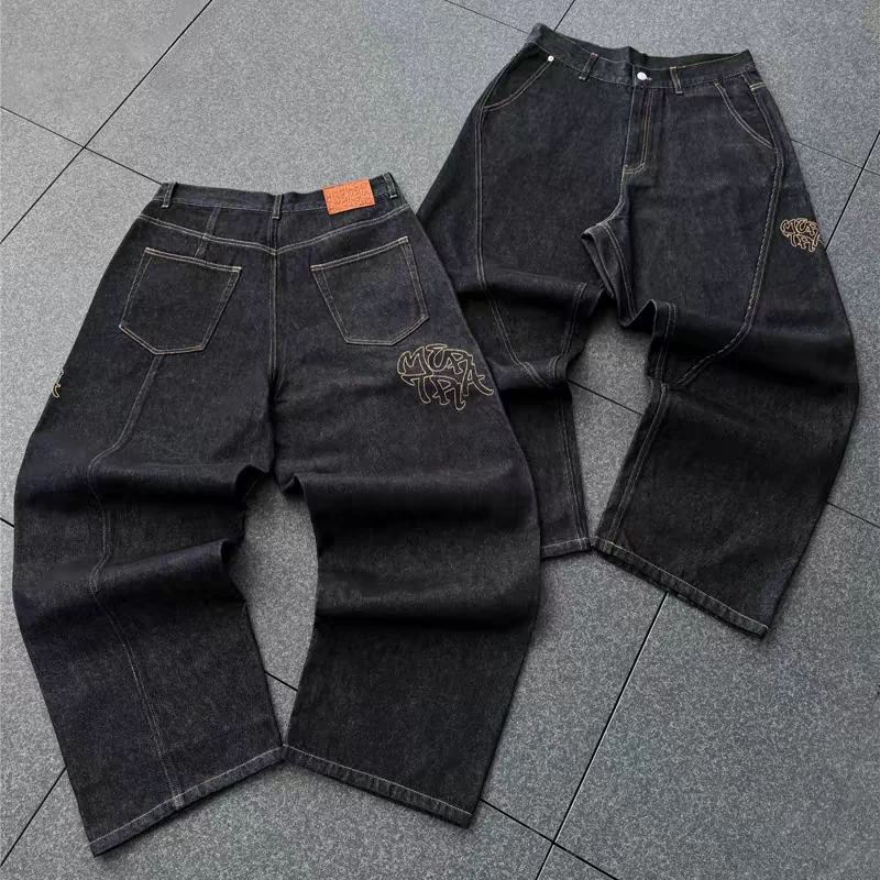 Mertra Embroidered Jeans, American Retro Street Hip Hop Loose Straight Skateboarding Pants, a Cross border Trend in Europe and America