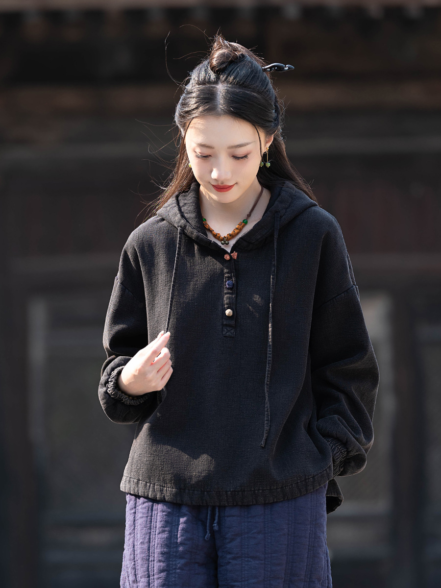25 Winter Heavy Industry Fried Color Plus Velvet Thickened Personalized Hooded Top Bottoming Shirt Women's Cotton and Linen Disc Button Pullover Warm Cotton Coat