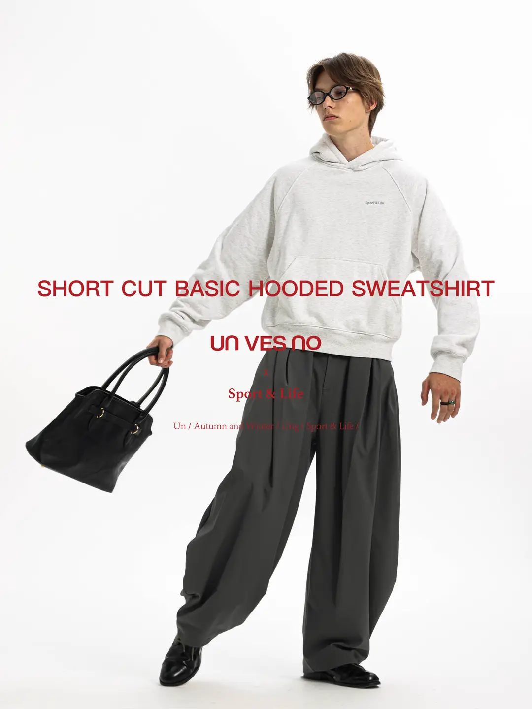 【500G Heavy weight 】Unvesno(Un) Sl Series Clean Fit Short Wide Fleece-lined Hooded Sweatshirt