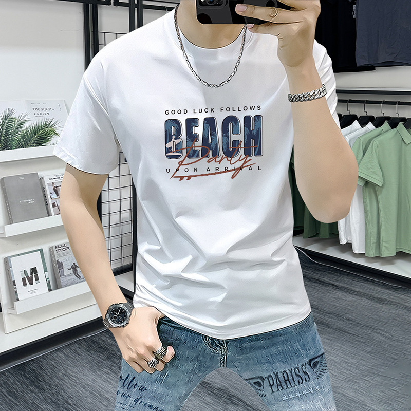 Lanshengyi Round Neck Men's T-Shirt Short-Sleeved Summer New Style Ins Trendy Fashion Printed Slim Fit Versatile Half-Sleeved Top