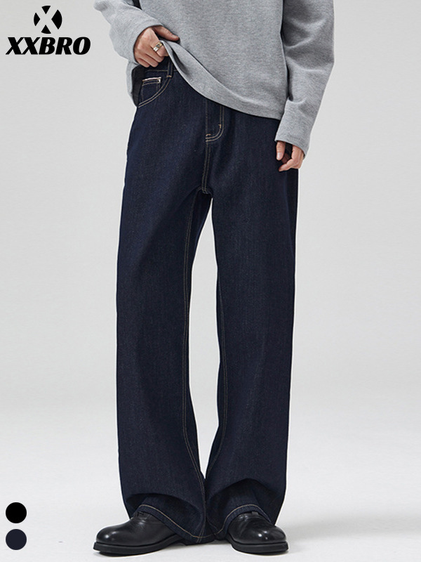 Muxi Clothing # American Style Trendy Brand Cleanfit Straight-Leg A-Line Denim Pants Original Color High Street Jeans for Men