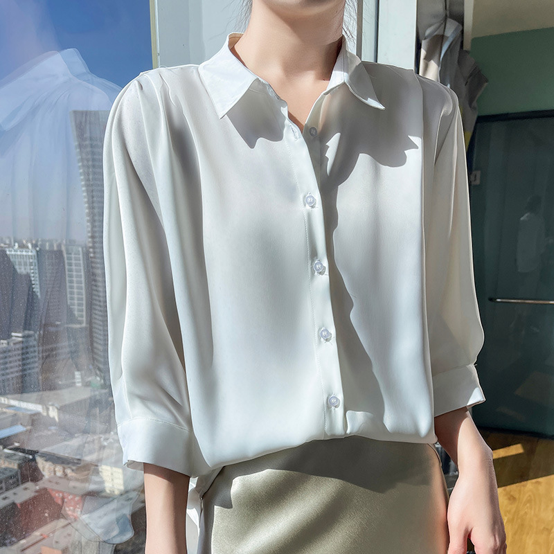 Spring 2024 New Commuter High-end Imitation Silk Shirt Women's Seven-sleeved Acetate Satin Shirt Loose Top