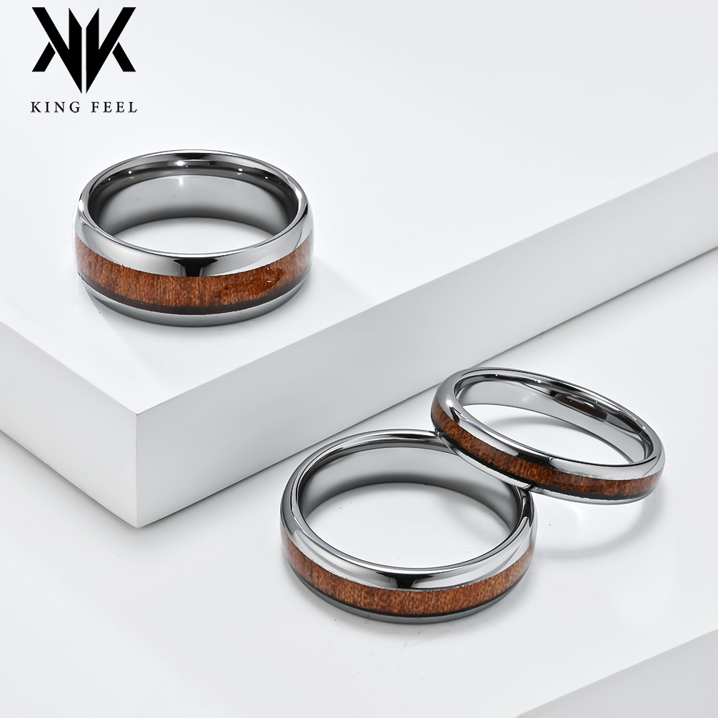 European and American 468mm tungsten steel inlaid wood grain wood leather ring fashion personality high sense tungsten gold lovers ring