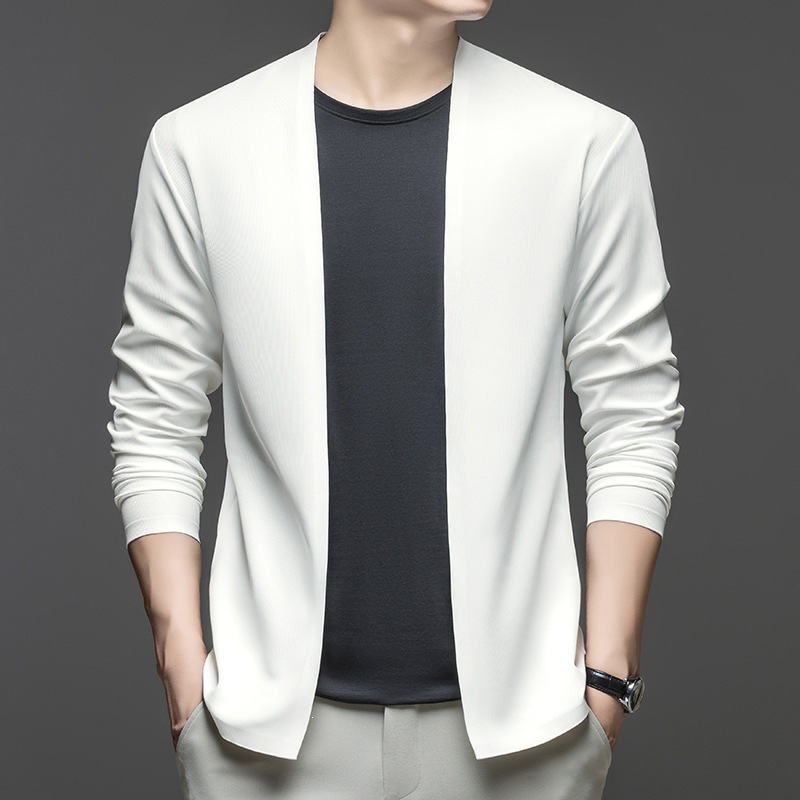 Men's Seamless Cardigan Jacket, Autumn Solid Color, Korean Style, Knitted Long-Sleeve Cardigan with Real Pockets
