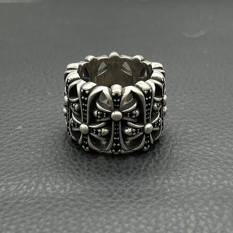 Vintage-Style Blackened Ring with 925 Silver and Diamonds, High-End Minimalist Punk Hip-Hop Rapper Ring, Gift
