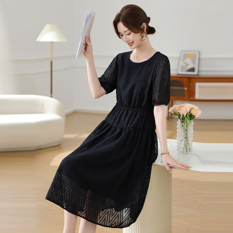 Middle-Aged and Elderly Women's Casual Dress Summer 2026 New Elegant Round Neck Slim Fit A-Line Dress for Women
