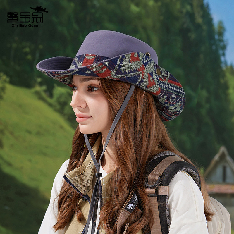 Spring and Summer Large-Brimmed Sun Hats, Ethnic Style Cowboy Fisherman Hats, Men's and Women's Outdoor Hiking and Fishing Sun Protection Hats