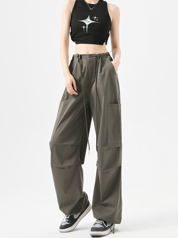 American-Style Parachute Cargo Pants for Women, Spring and Autumn 2026 New High-Waisted Loose Straight-Leg Outdoor Hiking Sports Wide-Leg Pants