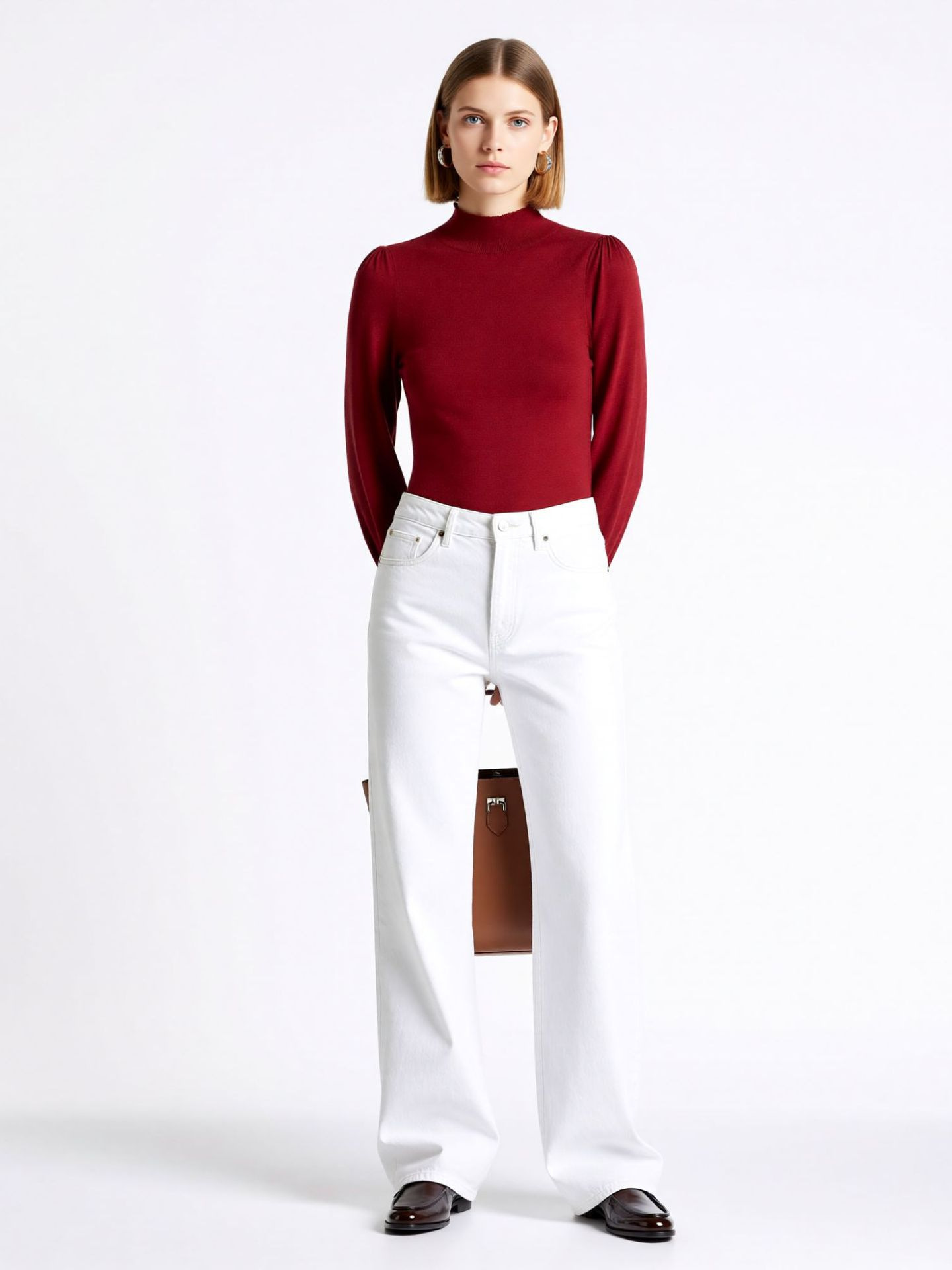 2026 Red Knitted Sweater for Women, New Style with Puff Sleeves, Half-High Collar, Elegant Style Sweater to Wear with a Skirt