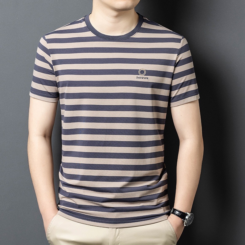 New Summer Men's Short-Sleeve T-Shirt, Fashionable Striped Casual Round-Neck Versatile Silk Short-Sleeve Top Trendy