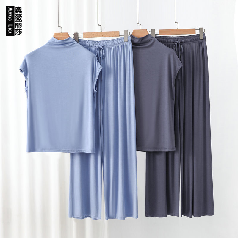 Spring and Summer New Modal plus size Home Clothes Korean-style Half-high Collar Sleeveless Bottoming Shirt Casual Wide-leg Pants 2-piece Set