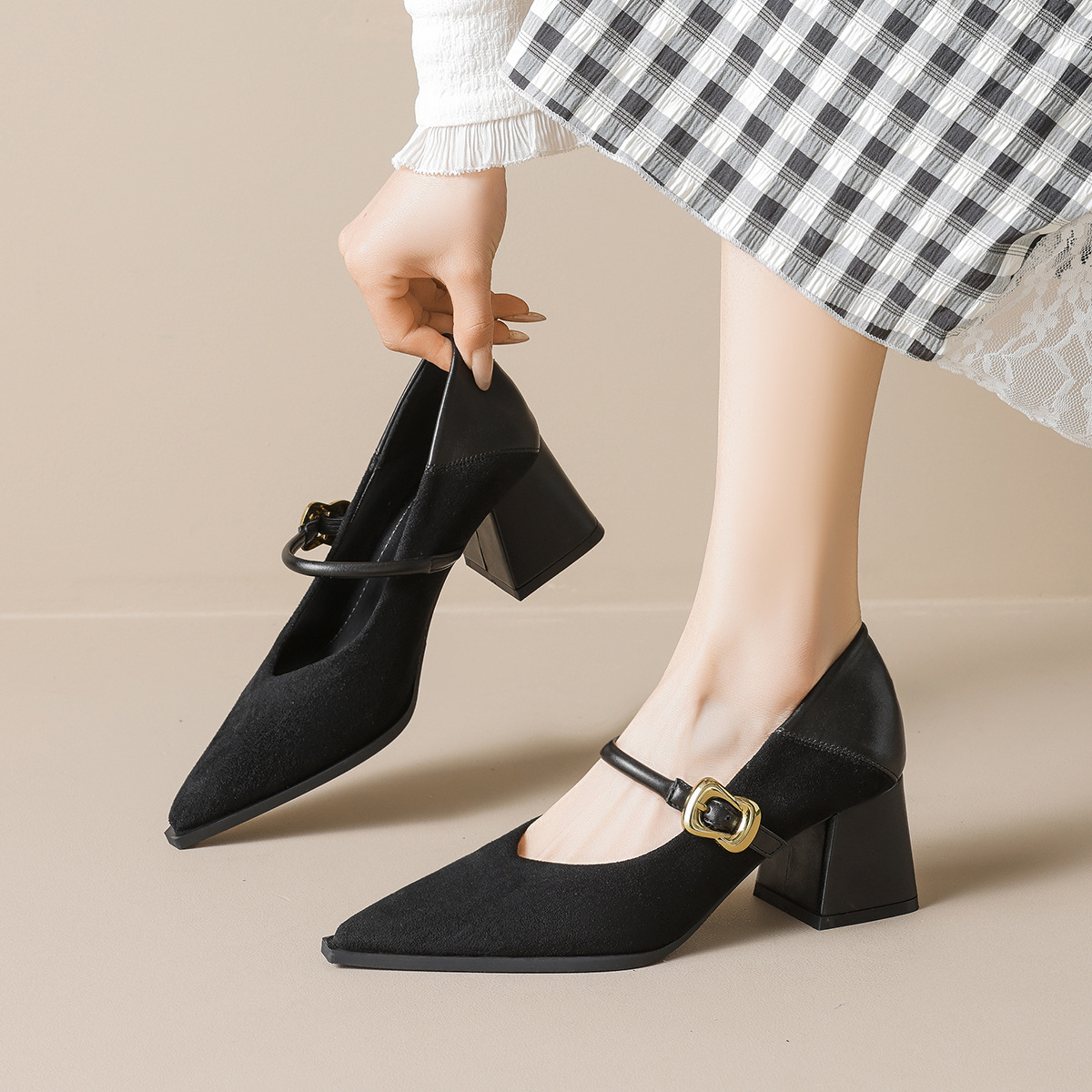 Weimei Girl 8188-2 Pointed Toe Strap Mary Jane Shoes Women's French Style Chunky Heel Two-Way Wear Black High Heel Pumps