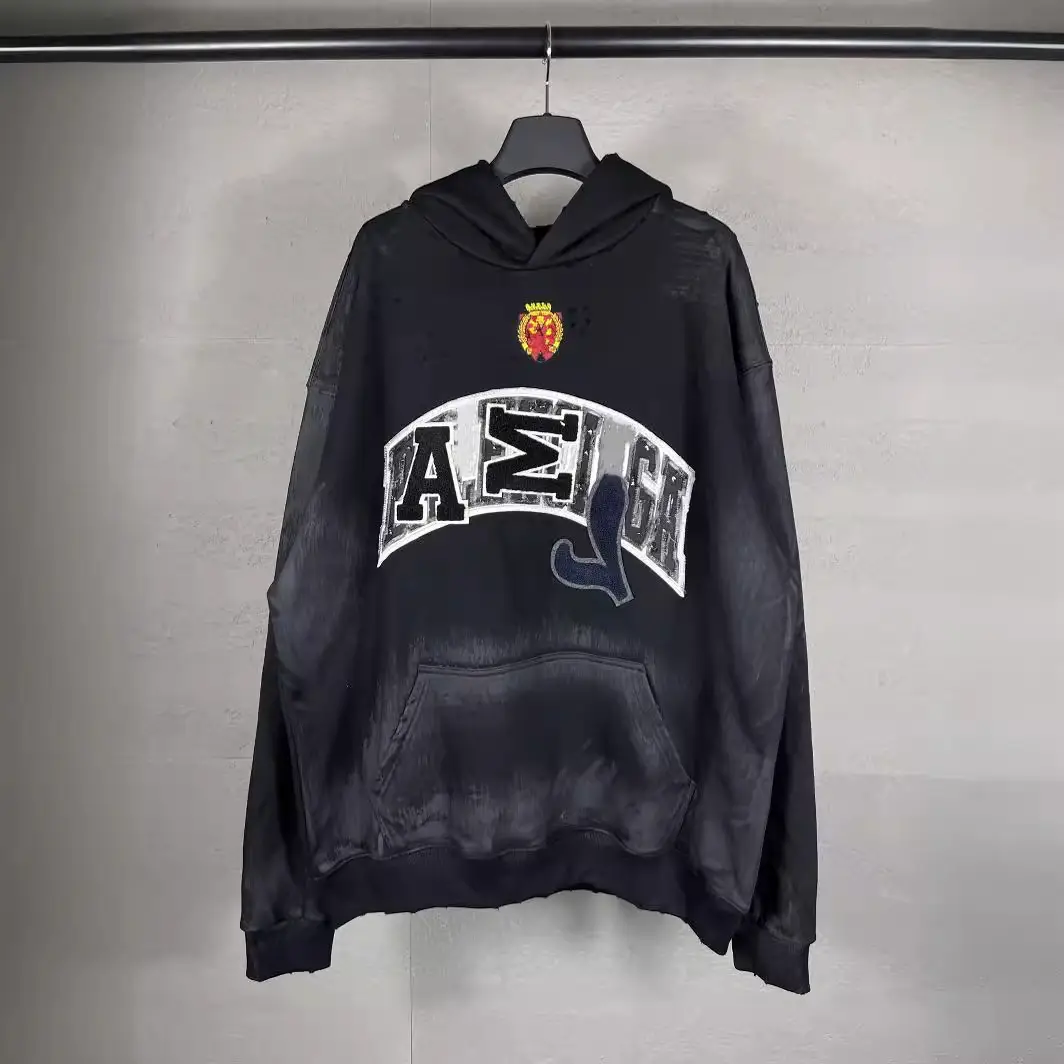 Paris B Manchester United Joint Badge logo Standard Washing Water Grinding Hole Hand-painted Craft Hooded terry sweater