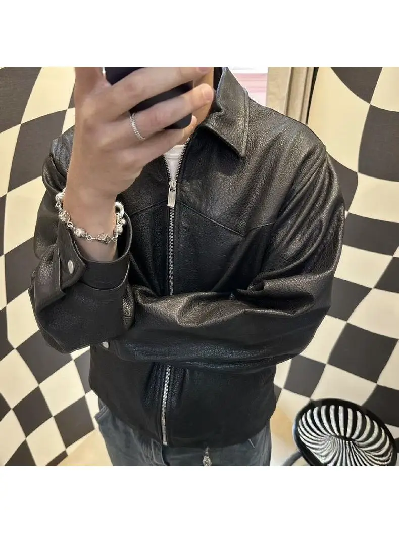 Erd Gfkc Melancholic Rich Second-Generation 22Fw All-Black Imported Lambskin Oil Waxed Leather Short Leather Jacket