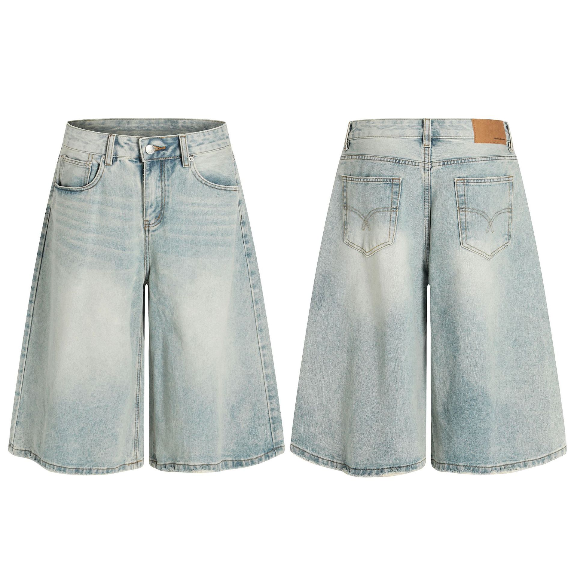 Summer New Washed Denim Mid-length Pants for Men and Women Light Color All-match Retro Casual American Wide-leg Cropped Pants Jorts