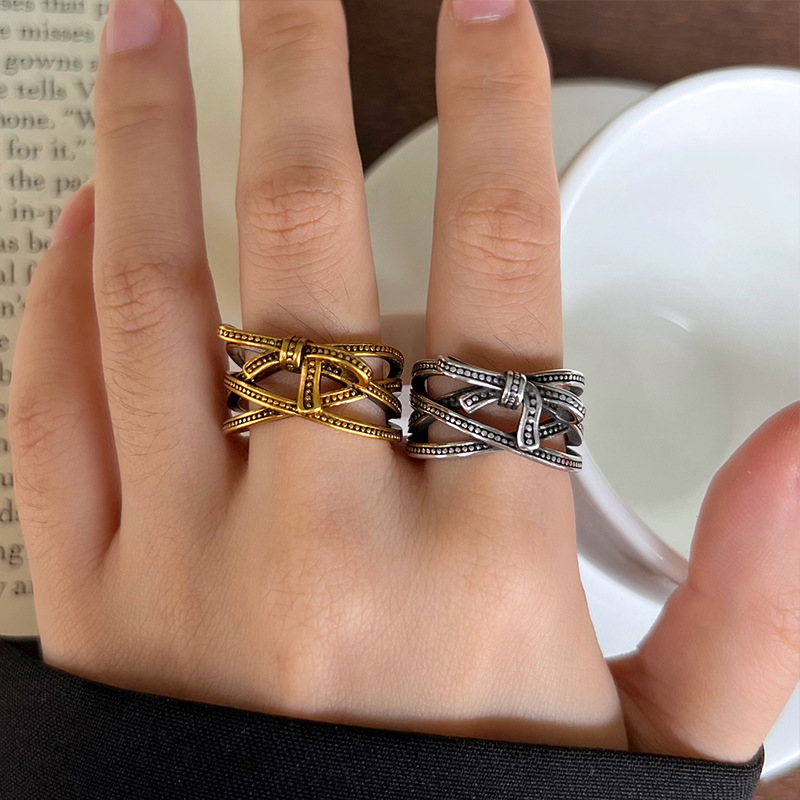 Lanzhi 925 Sterling Silver Ring for Women, Hip-Hop Jewelry, Vintage Thai Silver Bowknot Wide Version Trendy Open-Style Antique Gold Ring