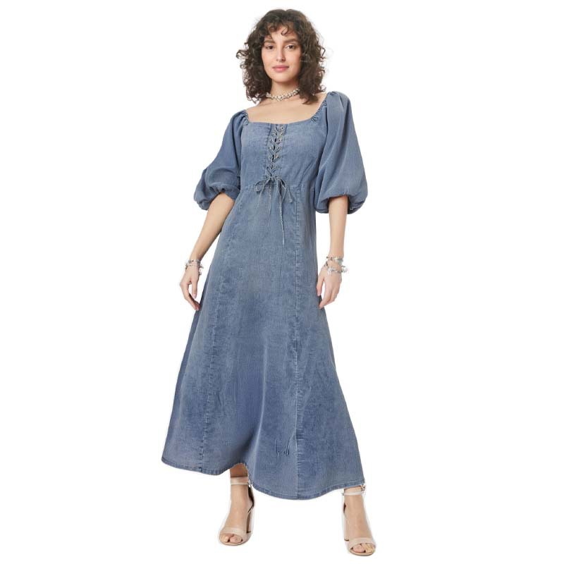 458 Cross-Border Export Square Mid-Length Sleeves Lantern Sleeves Waist Pure Color Long Fashion A-Line Denim Thin Dress