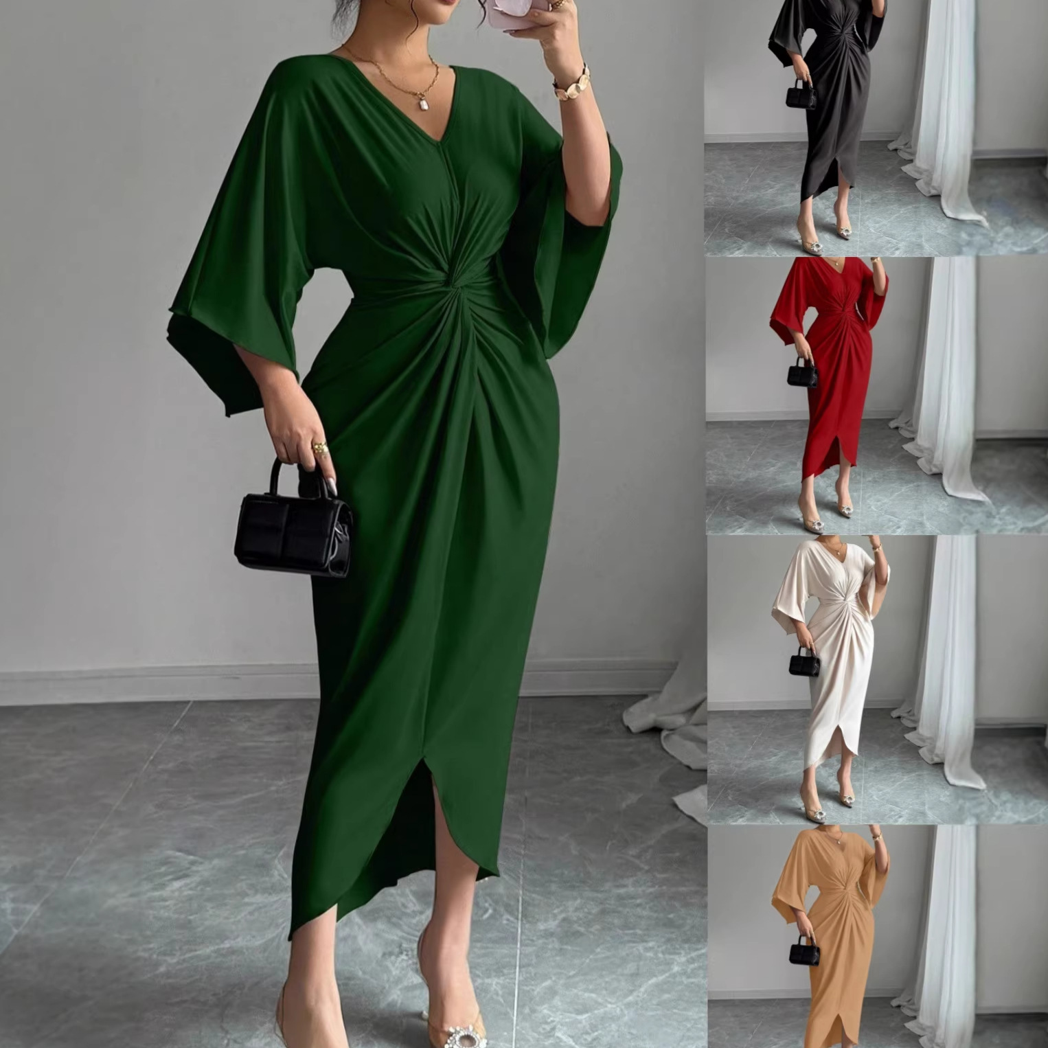 2026 Cross-Border European and American Foreign Trade Women's Clothing Summer Style Batwing Sleeve V-Neck French Twist Design Slit Dress