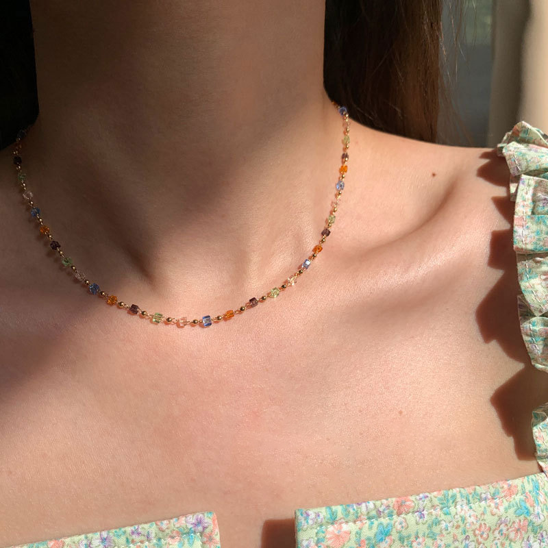 Jewelry for Women, High-End, Light Luxury, Niche Necklace, Electroplated Rhinestones, Colorful Beaded Chain, Beach Multi-Color Clothing Accessories