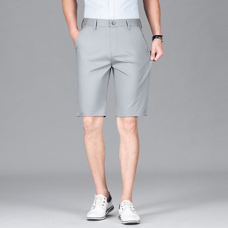 Solid Color Ice Silk Casual Shorts Men's Summer Thin Loose Straight Stretch Mid-length Pants High-end Suit Pants