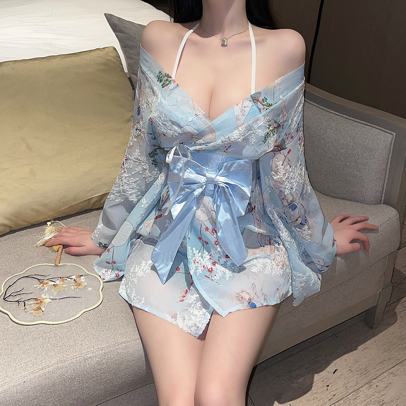 Night Funny Lingerie Kimono Bathrobe suit Uniform Temptation Print Japanese Bow Sexy Japanese Pajamas New