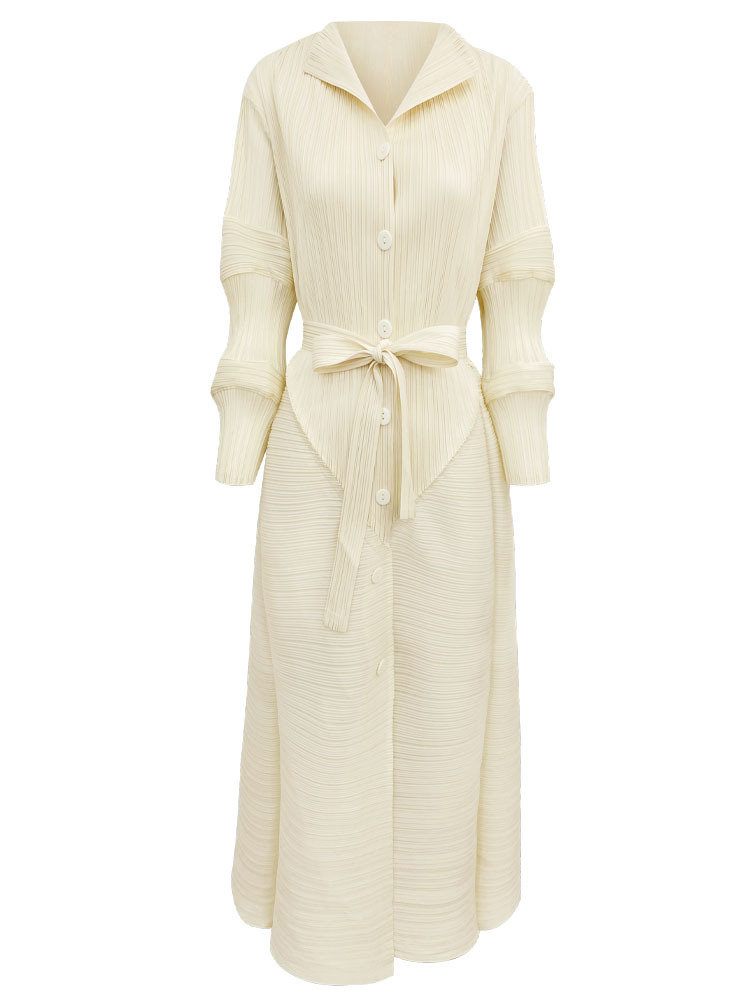 2026 Spring New Long Dress with Half-Open Collar, Unique Design, Lotus Sleeve, Tie Waist, Elegant Solid Color Dress for Women