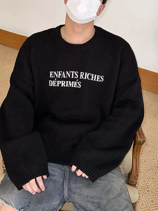 Erd Melancholic Rich Second-Generation American High Street Thick Line Slogan Print Casual Lazy Couple Sweater Trendy Men and Women