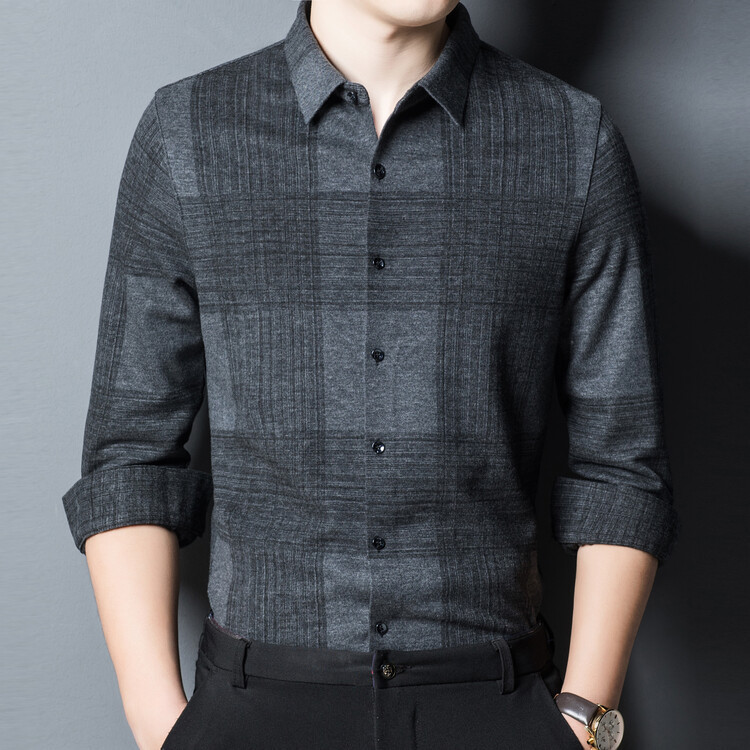 Spring and Autum New Men's Long-Sleeved Shirts Striped No-Iron Shirts Fashionable Inch Shirts with Wool Thickeneded Casual Tops