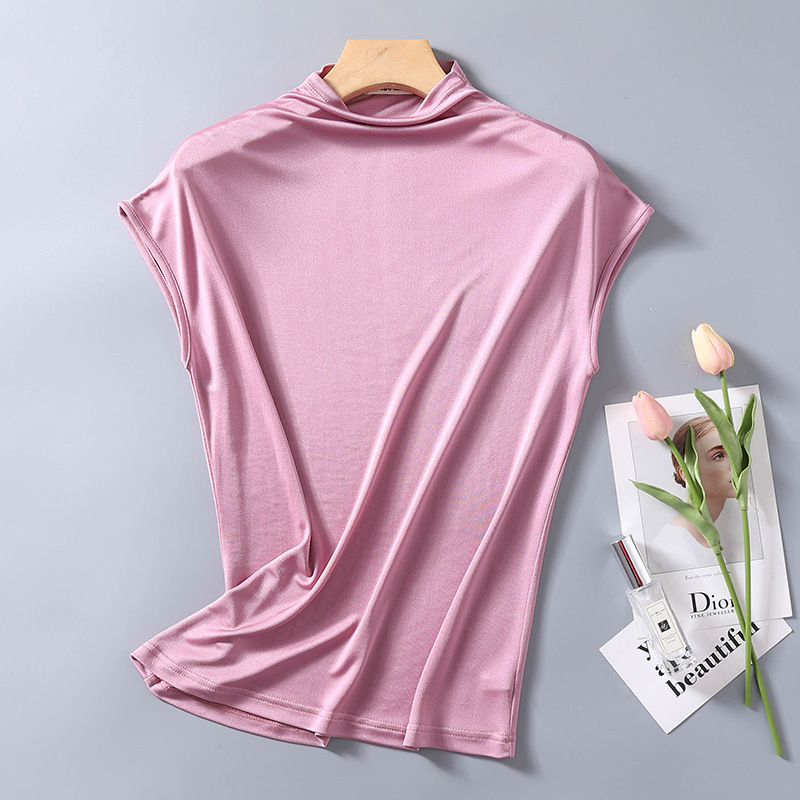 New pure color silk T-shirt women's pullover straight Shoulder Sleeve vest knitted mulberry silk lightweight breathable casual