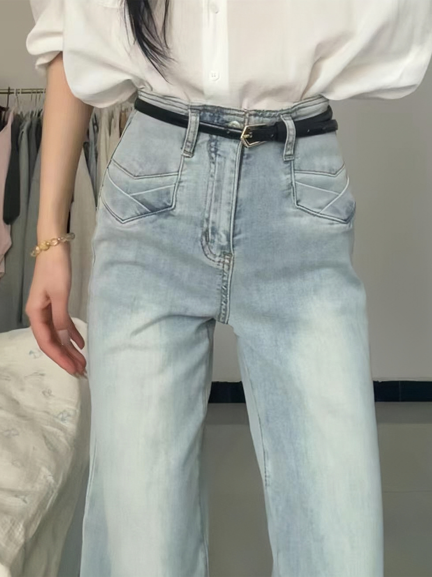 Light Blue Flared Jeans for Women, Spring/Summer 2026 New Korean Chic Style, Loose Wide-Leg Bell-Bottom Pants