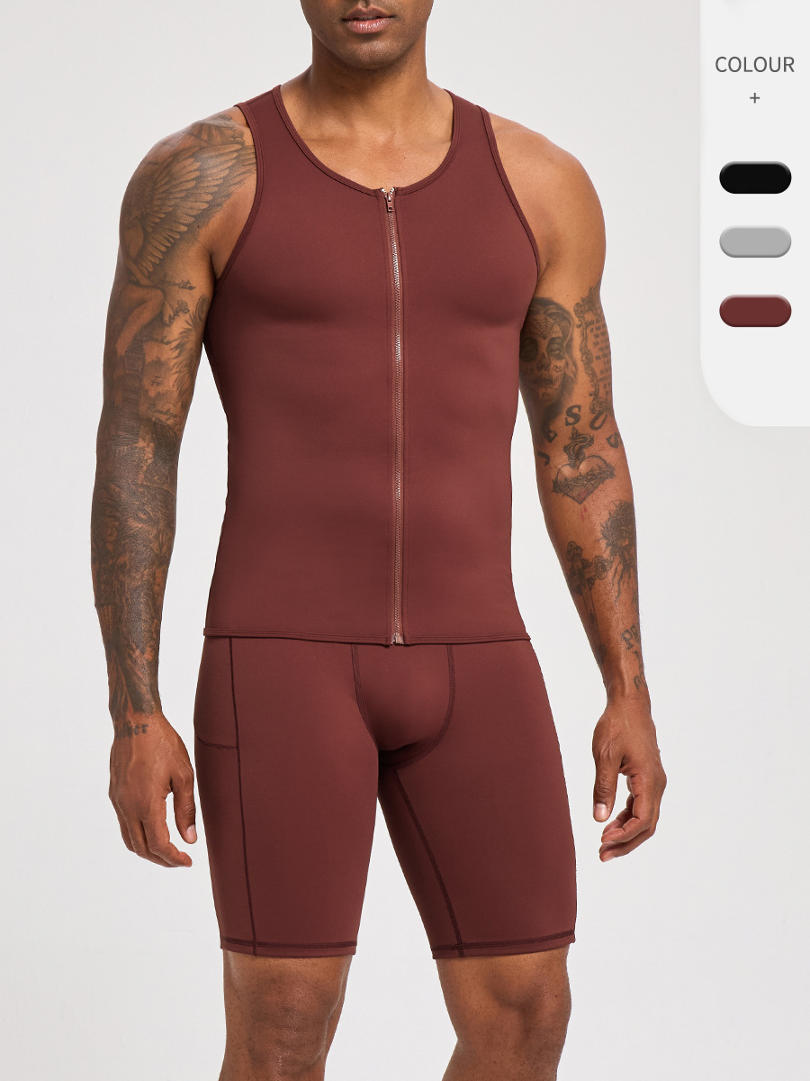 European and American Men's Strong Shaping Fitness Clothing Set, Tight-Fitting Zipper Vest, Quick-Drying Breathable Sports Shorts Two-Piece Set