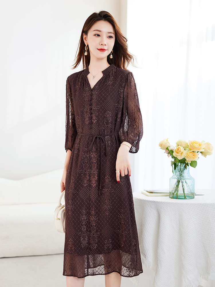 French-Style Silk Dress with Intricate Embroidery and Hollow-Out Design for Women, 2026 New Summer V-Neck Long Silk Dress