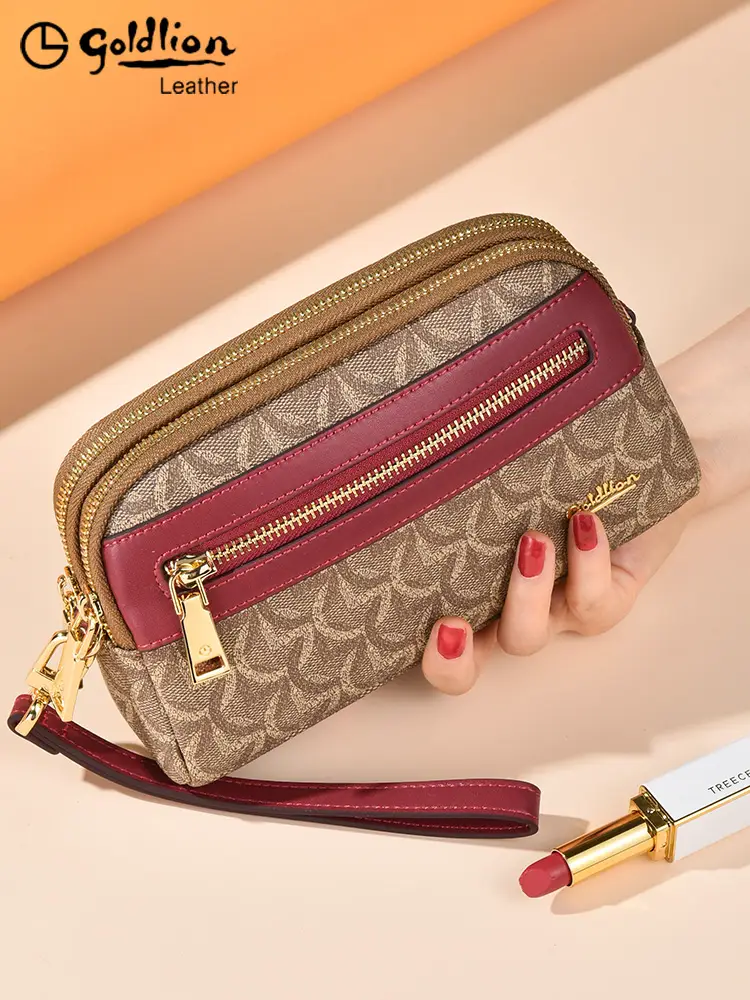 Goldlion Wallet Women Long 2025 New arrival Wine Red Double Layer Zip-Up Handbag Print Color Matching Clutch Bag